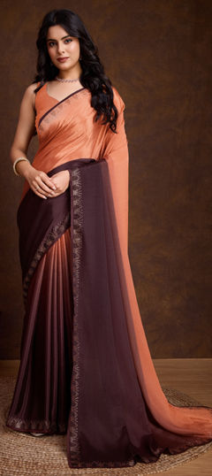 Orange color Saree in Chinon Silk fabric with Swarovski, Zircon work