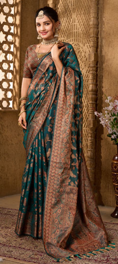 Blue color Saree in Organza Silk fabric with Weaving, Zari work