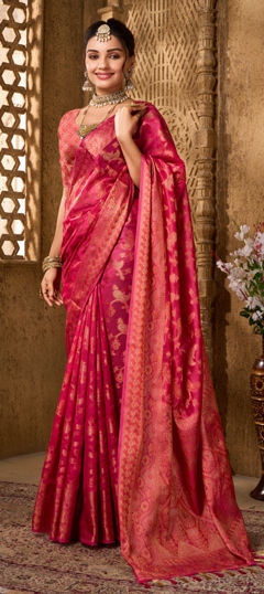 Pink and Majenta color Saree in Organza Silk fabric with Weaving, Zari work