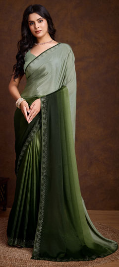 Green color Saree in Chinon Silk fabric with Swarovski, Zircon work