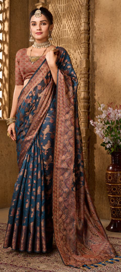 Green color Saree in Organza Silk fabric with Weaving, Zari work