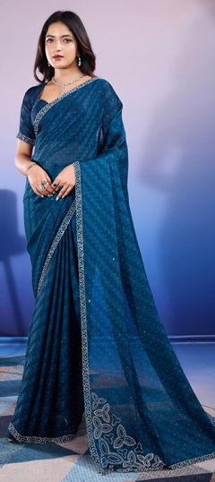 Green color Saree in Chiffon fabric with Stone, Zircon work