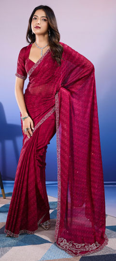 Red and Maroon color Saree in Chiffon fabric with Stone, Zircon work