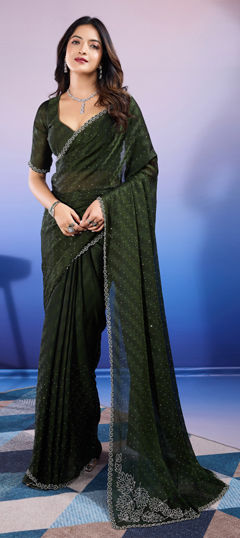 Green color Saree in Chiffon fabric with Stone, Zircon work