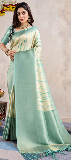Green color Saree in Banarasi Silk fabric with Printed, Weaving, Zari work