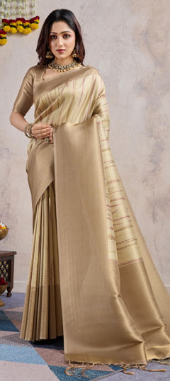 Gold color Saree in Banarasi Silk fabric with Printed, Weaving, Zari work