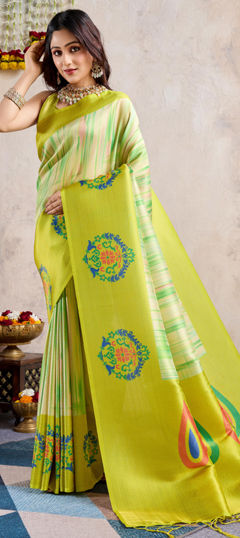 Yellow color Saree in Banarasi Silk fabric with Printed, Weaving work