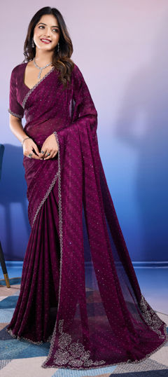 Purple and Violet color Saree in Chiffon fabric with Stone, Zircon work