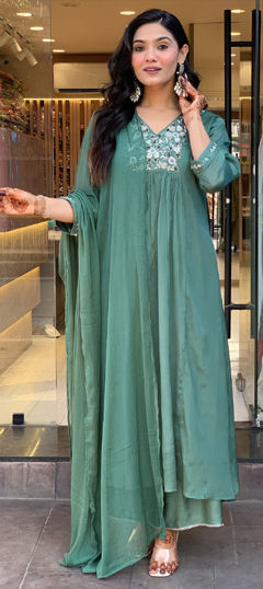 Green color Salwar Kameez in Chinon Silk fabric with Embroidered work