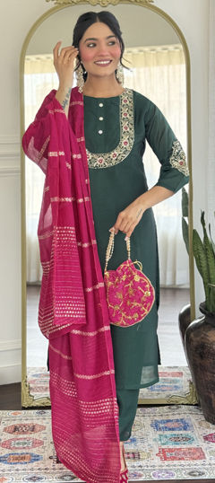 Green color Salwar Kameez in Art Silk fabric with Embroidered, Weaving work