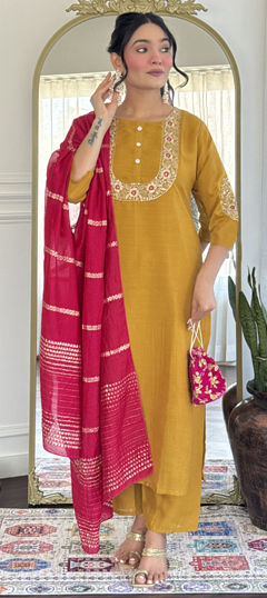Yellow color Salwar Kameez in Art Silk fabric with Embroidered, Weaving work