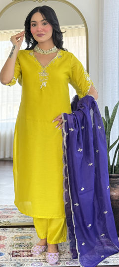 Yellow color Salwar Kameez in Chanderi Silk fabric with Embroidered work
