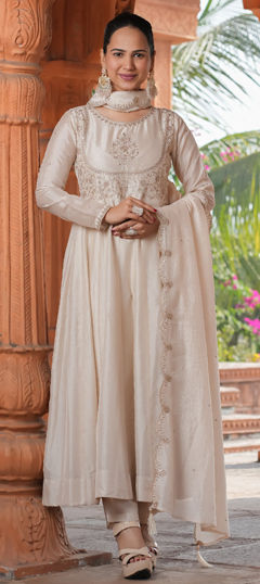 Beige and Brown color Salwar Kameez in Art Silk fabric with Embroidered work