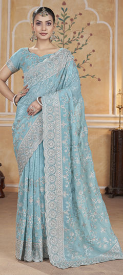 Blue color Saree in Net fabric with Aari, Embroidered work