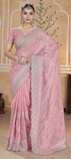 Pink and Majenta color Saree in Net fabric with Aari, Embroidered work