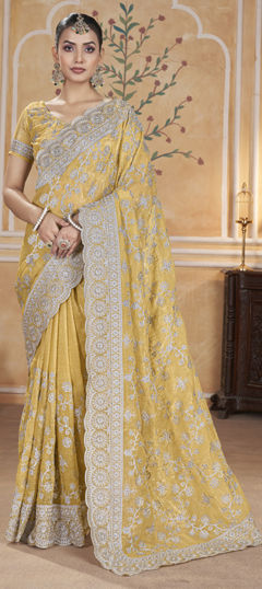 Yellow color Saree in Net fabric with Aari, Embroidered work
