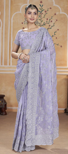 Purple and Violet color Saree in Net fabric with Aari, Embroidered work