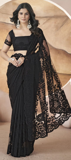 Black and Grey color Saree in Net fabric with Aari, Embroidered, Thread work