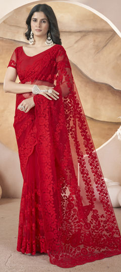 Red and Maroon color Saree in Net fabric with Aari, Embroidered, Thread work