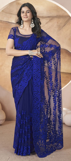 Blue color Saree in Net fabric with Aari, Embroidered, Thread work