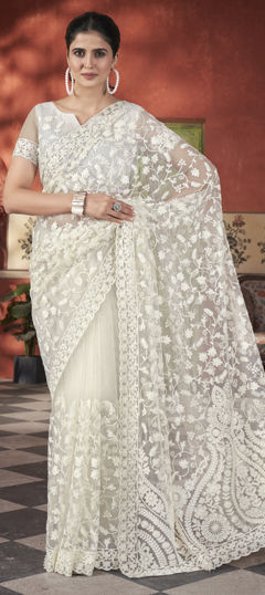White and Off White color Saree in Net fabric with Aari, Embroidered, Thread work