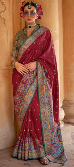 Red and Maroon color Saree in Art Silk fabric with Printed work