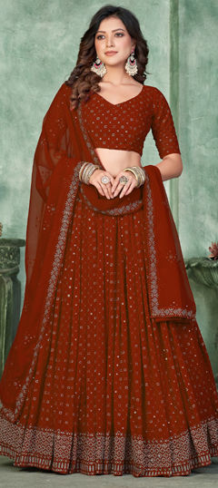 Red and Maroon color Lehenga in Georgette fabric with Embroidered, Sequence, Thread work