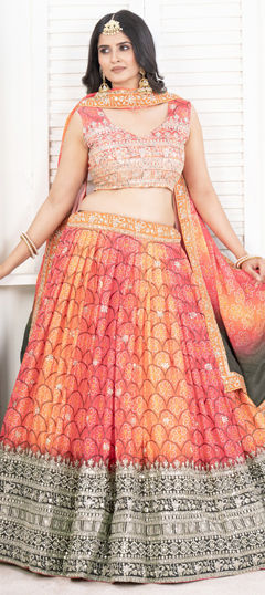 Orange color Lehenga in Chinon Silk fabric with Digital Print, Embroidered, Sequence work