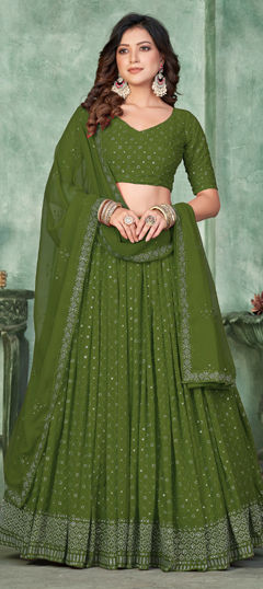 Green color Lehenga in Georgette fabric with Embroidered, Sequence, Thread work