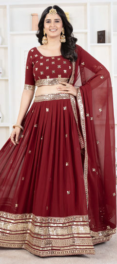 Red and Maroon color Lehenga in Faux Georgette fabric with Embroidered, Sequence, Thread work