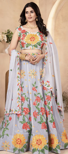 Black and Grey color Lehenga in Faux Georgette fabric with Embroidered, Sequence, Thread work