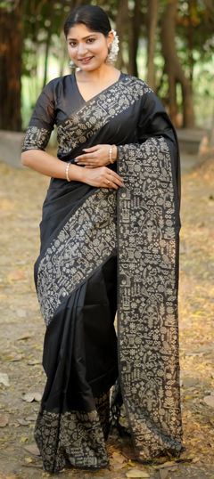 Black and Grey color Saree in Raw Silk fabric with Weaving work