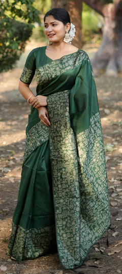 Green color Saree in Raw Silk fabric with Weaving work