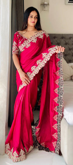 Pink and Majenta color Saree in Art Silk fabric with Embroidered, Thread work