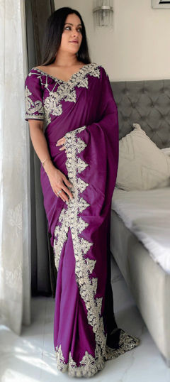 Purple and Violet color Saree in Art Silk fabric with Embroidered, Thread work