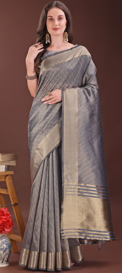 Black and Grey color Saree in Organza Silk fabric with Weaving work