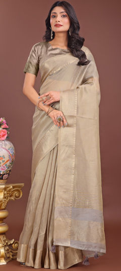 Beige and Brown color Saree in Organza Silk fabric with Weaving work