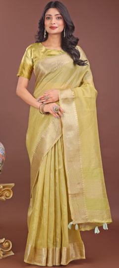Green color Saree in Organza Silk fabric with Weaving work