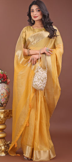 Yellow color Saree in Organza Silk fabric with Weaving work