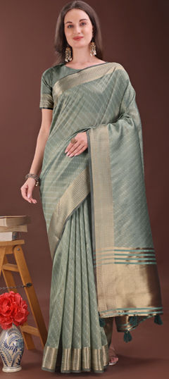 Green color Saree in Organza Silk fabric with Weaving work