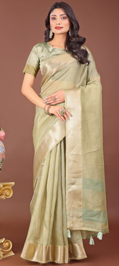 Green color Saree in Organza Silk fabric with Weaving work