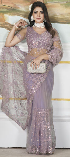 Purple and Violet color Saree in Net fabric with Embroidered, Sequence, Thread work
