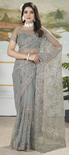 Black and Grey color Saree in Net fabric with Embroidered, Sequence, Thread work
