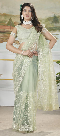 Green color Saree in Net fabric with Embroidered, Sequence, Thread work