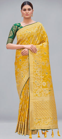Yellow color Saree in Banarasi Silk fabric with Weaving, Zari work