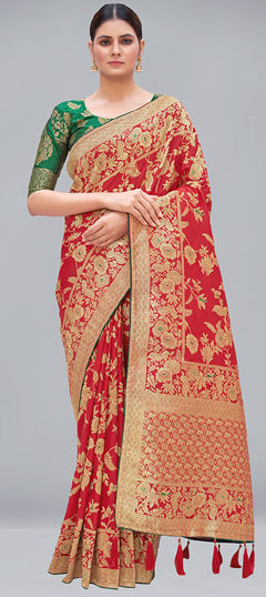 Red and Maroon color Saree in Banarasi Silk fabric with Weaving, Zari work