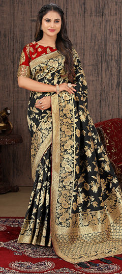 Black and Grey color Saree in Banarasi Silk fabric with Weaving, Zari work
