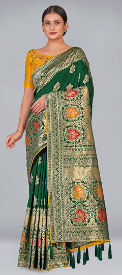 Green color Saree in Banarasi Silk fabric with Weaving work