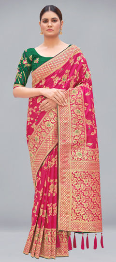 Pink and Majenta color Saree in Banarasi Silk fabric with Weaving work