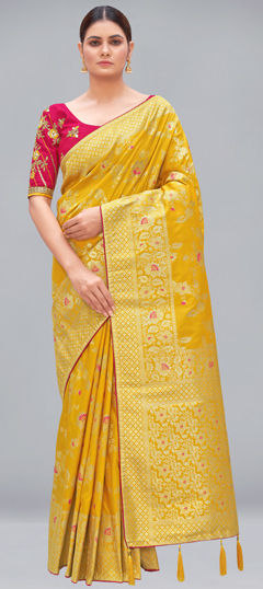 Yellow color Saree in Banarasi Silk fabric with Weaving work